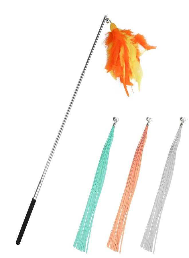 Andiker 5Pcs Retractable Cat Wand Toy, Cats Toy Set Contains 1 Feather Teaser & 3 Replaceable Tassels with Bell Stimulate Cats Hunting and Chasing Instincts Interactive Cat Toys (Orange) - Image 1